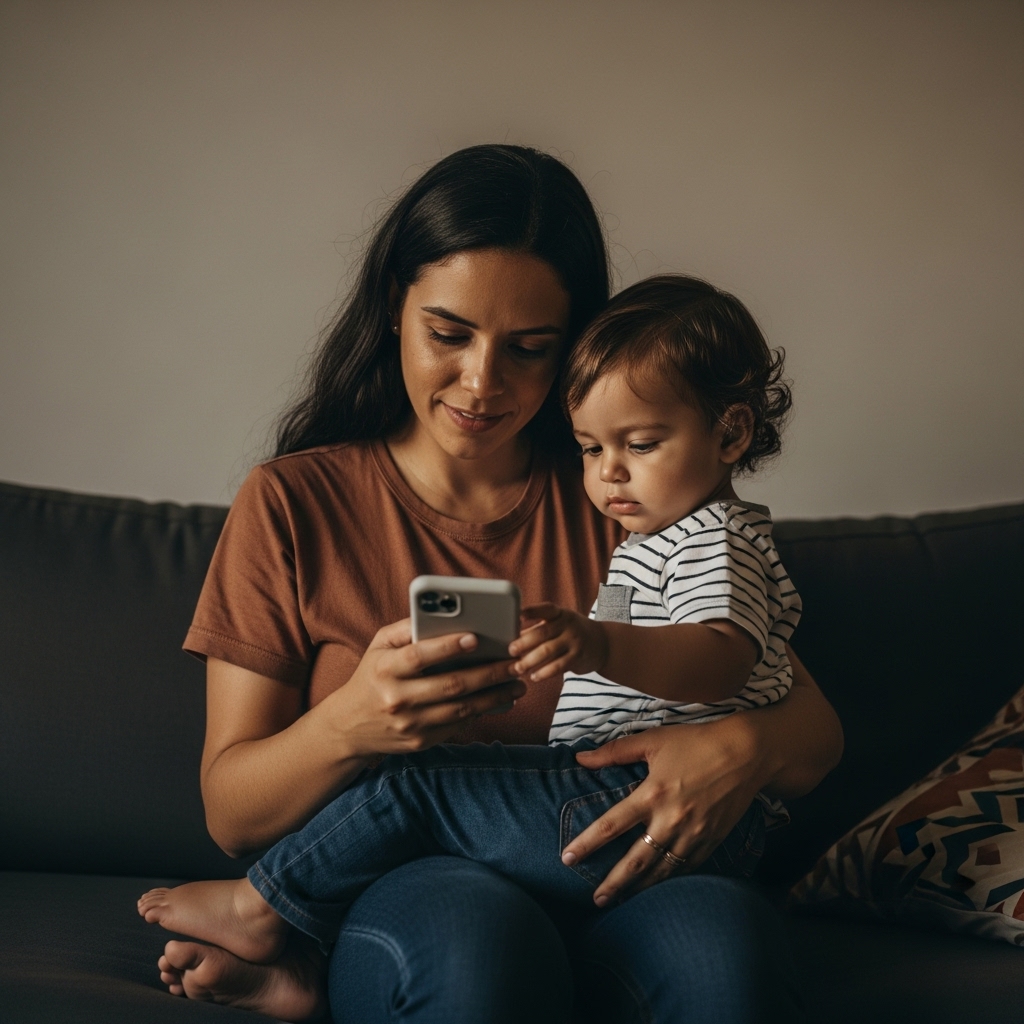 Mãe e filho usando o app neri em casa